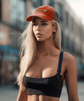 Blonde woman wearing Funny RV Pilot Road Trip Hat For Outdoor Adventures, saffron camper cap with adjustable strap in urban setting.