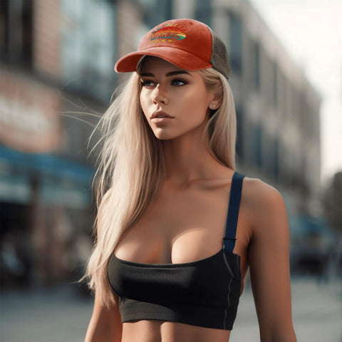 Blonde woman wearing Funny RV Pilot Road Trip Hat For Outdoor Adventures, saffron camper cap with adjustable strap in urban setting.