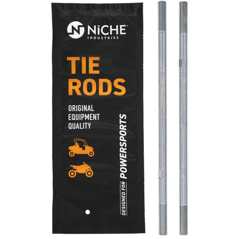 Polaris Tie Rods With End Kit Beefed Up For Sportsman 570 800 Scrambler 400 Trail Boss 250 End Link Set OEM Compatible 7061139 7061138 5134242 And Other OEM Numbers. Two gray steel tie rods in package