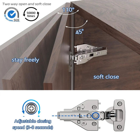 Soft Close Cabinet Hinges 10 Pack With 4D Adjustability And Killer Speed Control For Full Overlay Face Frame Doors showing 110° two-way opening.