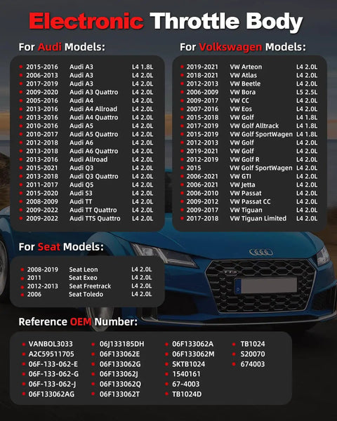 Electronic Throttle Body compatibility chart for Audi, Volkswagen, and Seat models with OEM number reference