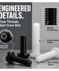 Nylon Cross Recessed Screws, Hella Solid Plastic Fasteners For Tech Repairs, black and white options, smooth coating, defined threads.