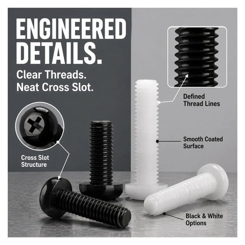 Nylon Cross Recessed Screws, Hella Solid Plastic Fasteners For Tech Repairs, black and white options, smooth coating, defined threads.