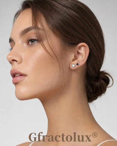 Top Shelf Implant Grade Titanium Opal Stud Earrings Screw Back 5Mm on model's earlobe, showcasing the smooth gems.