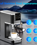Top Shelf Touchscreen Espresso Machine For Home with stainless steel finish brewing espresso in white cup.