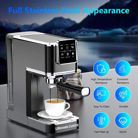Top Shelf Touchscreen Espresso Machine For Home with stainless steel finish brewing espresso in white cup.