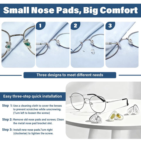 Image showing steps for using Top Shelf Screw In Silicone Nose Pads For Glasses 9 Pair Replacement Kit with clear pads.