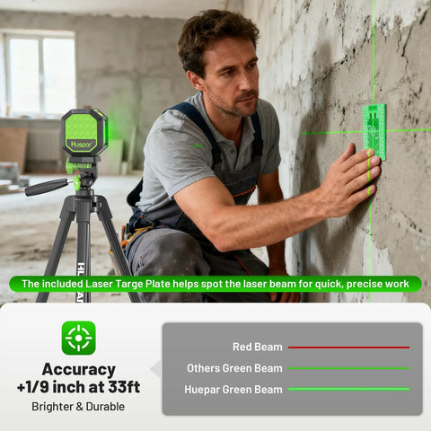 Rechargeable Green Cross Line Laser Level With 100Ft Reach, Self Leveling, 110 Degree Horizontal And Vertical Beams, Includes 60 Inch Tripod, Magnetic Bracket, Target Plate, Pro Grade Tool For Picture Hanging And Do It Yourself Home Projects, used with target plate