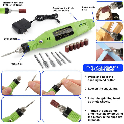 103 Piece Professional Model Tool Kit For Plastic Models And Gunpla, electric drill with accessory bits and replacement instructions