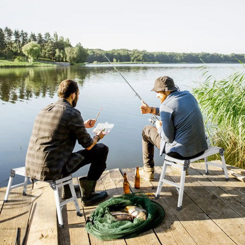 Two men fishing on a dock using Aluminum Step Ladder Work Platform Drywall Bench Folding Heavy Duty Extra Large Portable