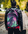 Person wearing Galactic Swirl Spaceman Printed Dope Unisex Backpack Large Capacity Durable Polyester Daypack in a park