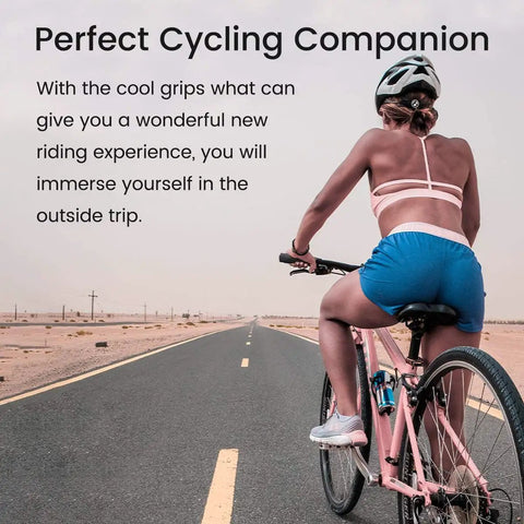 Cyclist using Ergonomic Rubber Bike Handlebar Grips For MTB BMX, Anti Slip Comfort Grips on desert road, back view