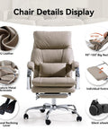 Reclining Office Chair With Footrest, Ergonomic High Back PU Leather Swivel Desk Chair With Wheels, Lumbar Support, All Day Comfort, Adjustable Armrests, 155 Degree Recline, Ideal For Home Office, Khaki, displaying details like PU leather and footrest.