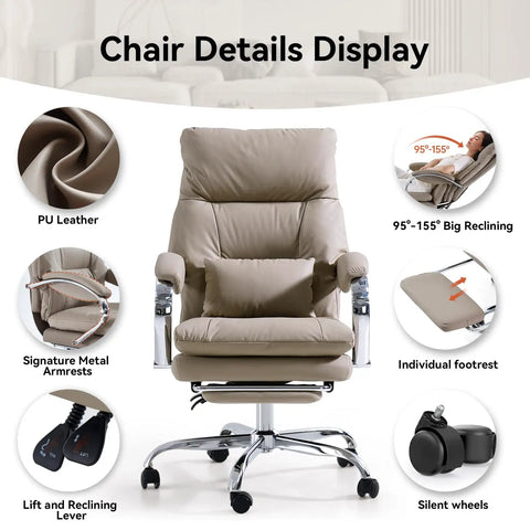 Reclining Office Chair With Footrest, Ergonomic High Back PU Leather Swivel Desk Chair With Wheels, Lumbar Support, All Day Comfort, Adjustable Armrests, 155 Degree Recline, Ideal For Home Office, Khaki, displaying details like PU leather and footrest.