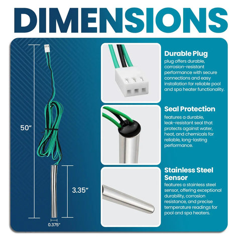 Dimensions of Replacement Temperature Sensor IID 009577F for Pool and Spa Heaters, 50" wire, 3.35" probe, durable plug.