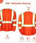 Front and back view of Six Pack Safety Long Sleeve T Shirt With 360 Degree Reflective Strips Class 3 High Visibility Orange