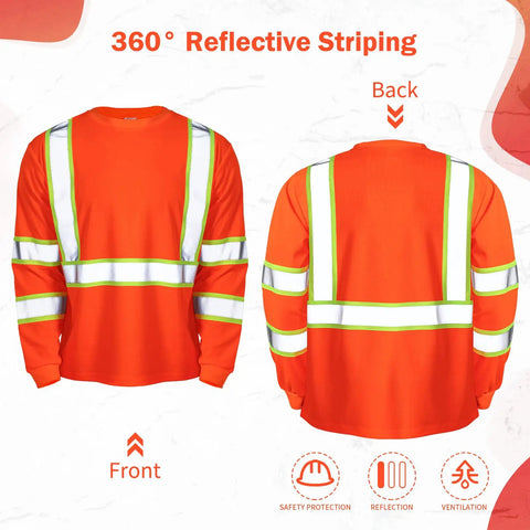 Front and back view of Six Pack Safety Long Sleeve T Shirt With 360 Degree Reflective Strips Class 3 High Visibility Orange
