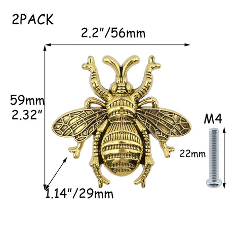 Bee Shape Cabinet Knobs 2 Pack Nature Inspired Single Hole Pulls For Cabinets Dressers Furniture Doors Antique Gold Zinc Alloy Electroplated Finish Rust Resistant, 56mm