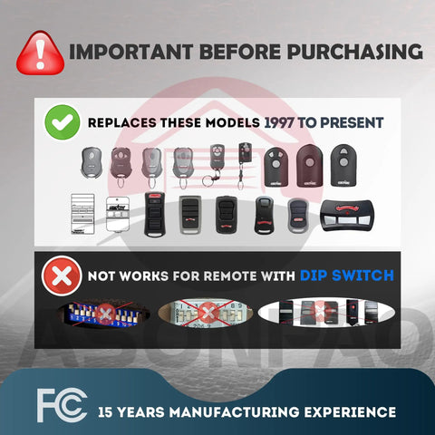 Genie Garage Door Opener Remote Replacement 2 Pack Compatible With GIT1 ACSCTG Type 1 includes compatibility chart and warning.