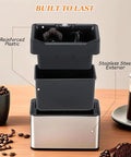 Electric Espresso Knock Box With Automatic Portafilter Cleaner And Coffee Grounds Disposal Station top view showing reinforced plastic and stainless steel.