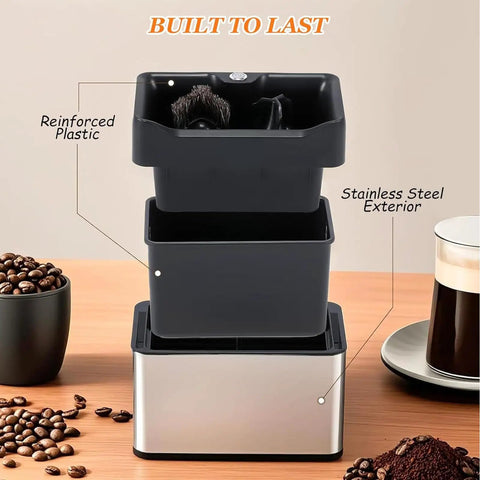 Electric Espresso Knock Box With Automatic Portafilter Cleaner And Coffee Grounds Disposal Station top view showing reinforced plastic and stainless steel.