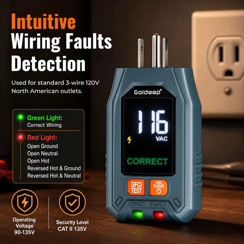 Plug And Play Circuit Breaker Finder With GFCI Outlet Tester and Manual Trip Remote displayed in use, showing voltage and indicator lights.