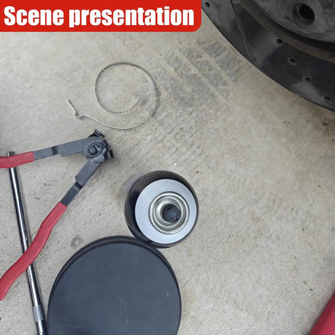 Heavy Duty Carbon Steel CV Boot Clamp Plier Built Tough With Rock Solid Grip For Smooth Universal Drive Shaft Joint Crimping Knockout Garage Essential For Fuel Hoses Cooling Lines And Vacuum Tubes Red Edition laid out on concrete with other tools like rollers and clamps.