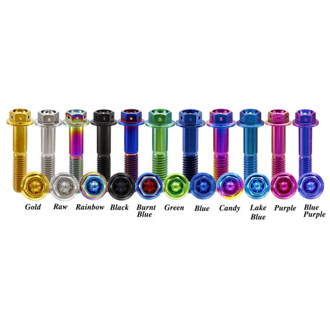 Titanium hex-head flange bolts M6x12mm, front view, assorted colors; 11-pack