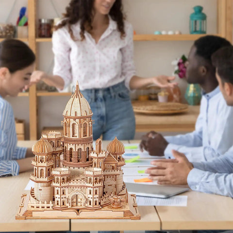 Epic Enchanted Castle Clockwork 3D Wooden Puzzle Kit 1000 Piece For Adults And Teens 14 Plus DIY Mechanical Puzzle Set For Puzzle Enthusiasts And Builders And Fans, castle model on table