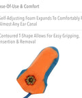 Close-up of 100-Pair 32 NRR Laser Trak Corded Single-Use Earplugs Orange And Blue with detectable non-ferrous grommet.