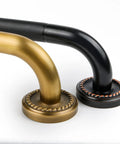 20 Inch Bronze Shower Grab Bar With Anti Slip Knurled Grip Antique Brass Finish next to a black grab bar with detailed mounts