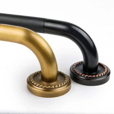 20 Inch Bronze Shower Grab Bar With Anti Slip Knurled Grip Antique Brass Finish next to a black grab bar with detailed mounts