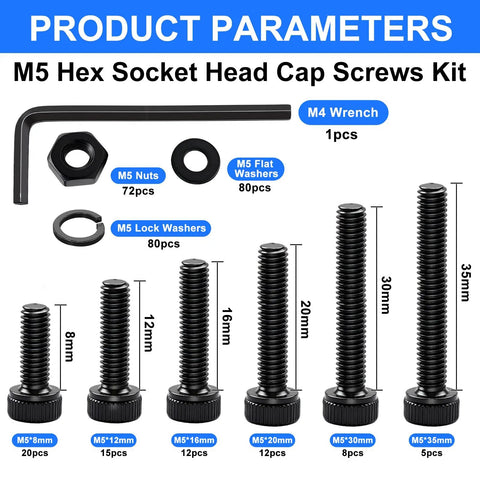 M5 Hex Socket Head Cap Screws Kit with nuts, washers, and wrench, sizes M5x8 to M5x35mm, 12.9 grade alloy steel