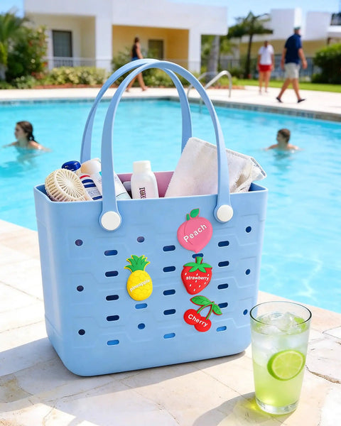 Spacious EVA Rubber Beach Tote Bag For Women Waterproof And Sandproof beside pool with fruit designs and green drink
