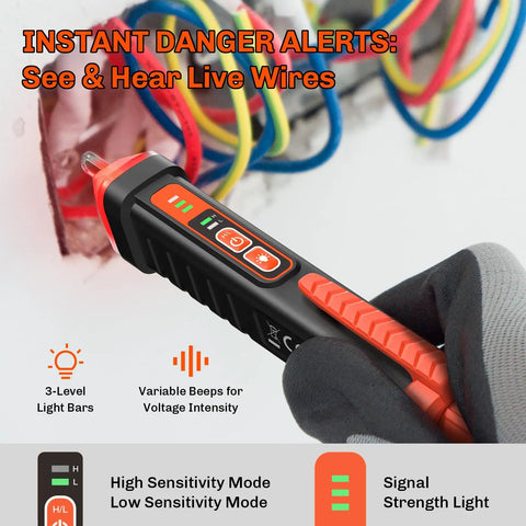 Non Contact Voltage Tester Pen With Dual Sensitivity 12-1000V detecting wires with LED indicators and audible alarms for electrical safety.
