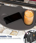Foldable tray detail on Three Seat Outdoor Porch Swing With Adjustable Canopy And Convertible Bed Stand Thick Cushions.