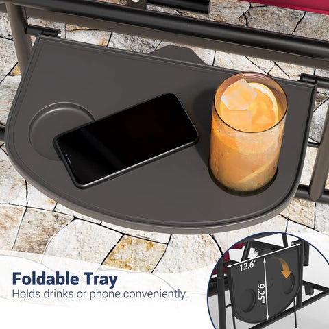 Foldable tray detail on Three Seat Outdoor Porch Swing With Adjustable Canopy And Convertible Bed Stand Thick Cushions.