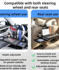 Slick Heavy Duty Abs Steering Wheel Dashboard Tray Compatible With Tesla Cybertruck 2023 To 2025 Waterproof showing steering wheel and rear seat use.