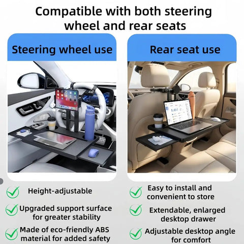 Slick Heavy Duty Abs Steering Wheel Dashboard Tray Compatible With Tesla Cybertruck 2023 To 2025 Waterproof showing steering wheel and rear seat use.