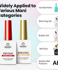 Pro Grade HEMA Free And TPO Free Gel Base And Top Coat Set With No Wipe Top Coat shown with additional nail products.