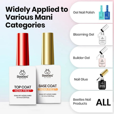 Pro Grade HEMA Free And TPO Free Gel Base And Top Coat Set With No Wipe Top Coat shown with additional nail products.