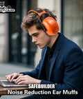Heavy Duty Ear Protection Muffs With Up To 32dB Noise Reduction Adjustable Hearing Protection For Work Mowing Construction And Lawn Care Orange Noise Canceling Earmuffs For Clear Focus worn by a person using a laptop outdoors.