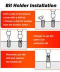 Step-by-step instructions for bit holder installation using Fourteen Piece Spiral Screw Extractor Set With Tungsten Carbide Tip Scriber Pen Cobalt Left Hand Drill Bits For Tackling Stripped Screws And Bolts In Sizes One Eighth Inch Five Thirty Second Inch Three Sixteenth Inch One Quarter Inch Nineteen Sixty.