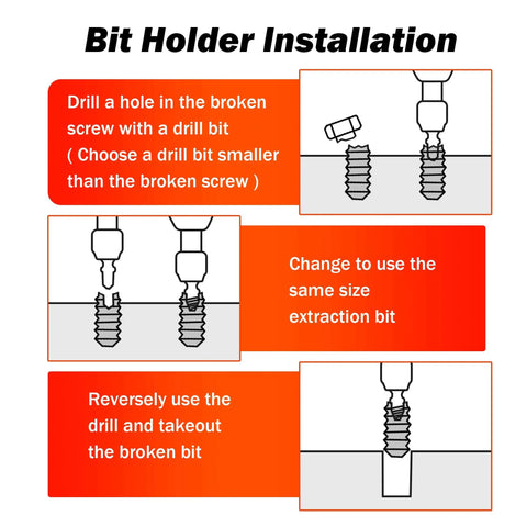 Step-by-step instructions for bit holder installation using Fourteen Piece Spiral Screw Extractor Set With Tungsten Carbide Tip Scriber Pen Cobalt Left Hand Drill Bits For Tackling Stripped Screws And Bolts In Sizes One Eighth Inch Five Thirty Second Inch Three Sixteenth Inch One Quarter Inch Nineteen Sixty.