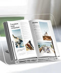 Clear Acrylic Book Stand With Adjustable Angle, Foldable Cookbook And Laptop Display Holder showing open magazine