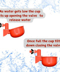 Spill Proof Automatic Chicken Waterer Cups 8 Pack With Free Setup Gear showing valve mechanism for baby chicks, red plastic, tipping action.