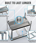 Pro Grade Heavy Duty Stainless Steel Prep Table 24 By 36 Inches With Undershelf And Backsplash NSF Certified Food Safe Commercial Kitchen Work Station showcasing stainless steel reinforcement beams and noise reduction panels.