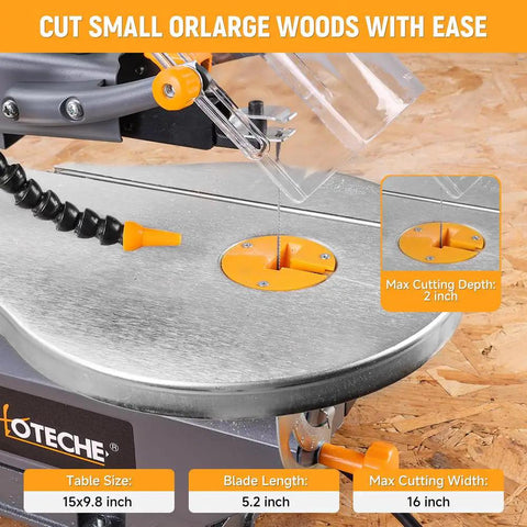 16 Inch Scroll Saw For Woodworking With A Large Tilting Table And Built In Dust Port, showing cutting area and measurements