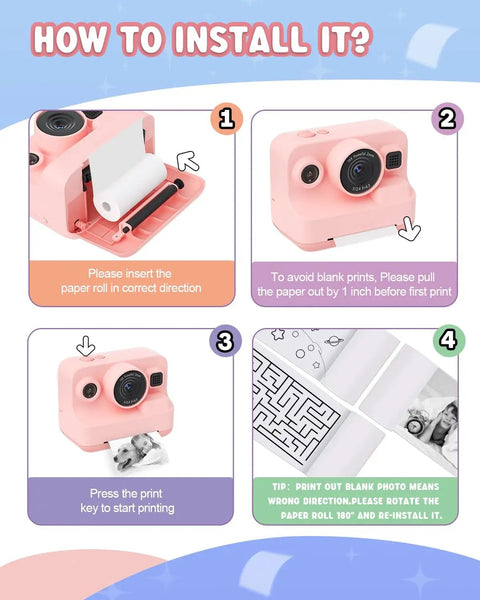 Kids Instant Camera Print Paper Refill 10 Rolls BPA Free Safe Thermal Paper For Kids Instant Camera 3.8 X 2.2 Inches Non Toxic Odorless No Toner Easy To Use Photo Paper For Crafty Memories, pink camera paper install guide