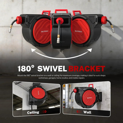Retractable Air Hose Reel With Auto Rewind Three Eighths Inch By One Hundred Feet Heavy Duty Hybrid Hose 300 PSI Max Enclosed